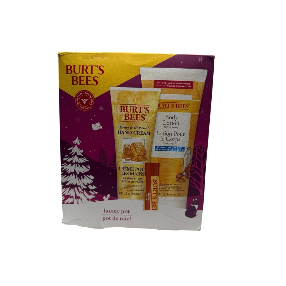 Burt's Bees Honey Pot Holiday Gift Set Body Lotion Hand Cream Lip Balm 3pc Box